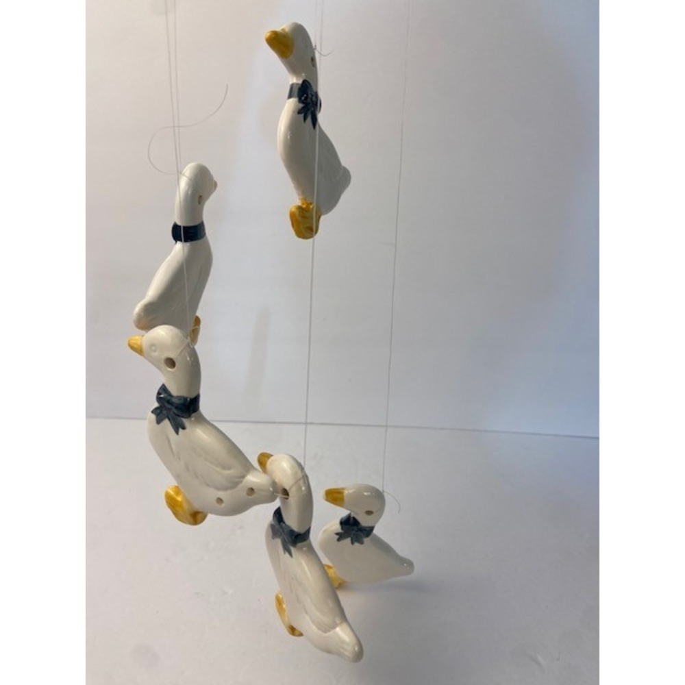 Vintage Ceramic Goose Mobile Hanging Decor White Geese Blue Bows Country Style